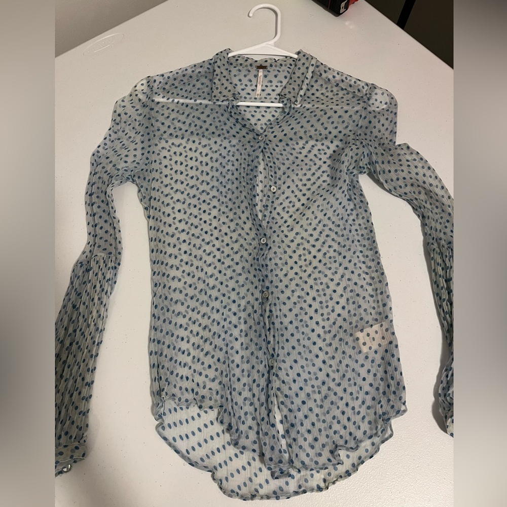 Vintage Free People sheer blue polka dot long sleeve blouse